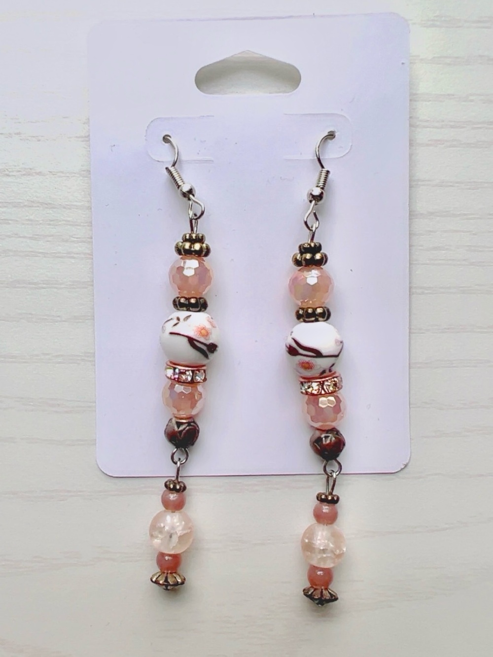 Pink & White Artisan Beaded Drop Earrings